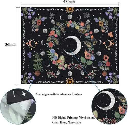 Miniatura 5 de Kanuyee Tapiz Floral de Luna Tapiz de Flores para Dormitorio Tapices Bohemios para Colgar en la Pared Estético para Dormitorio y Sala de Estar Luna