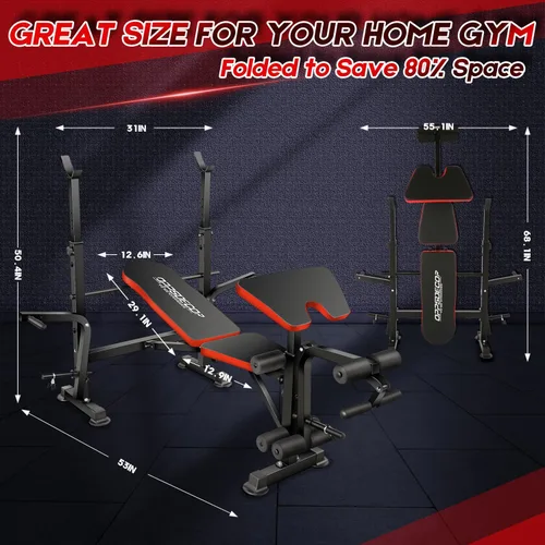 Miniatura 5 de OPPSDECOR ZWX1113 - Juego de banco de pesas 6 en 1 de 900 libras con estante para sentadillas, banco de entrenamiento con extensión de piernas, Rojo