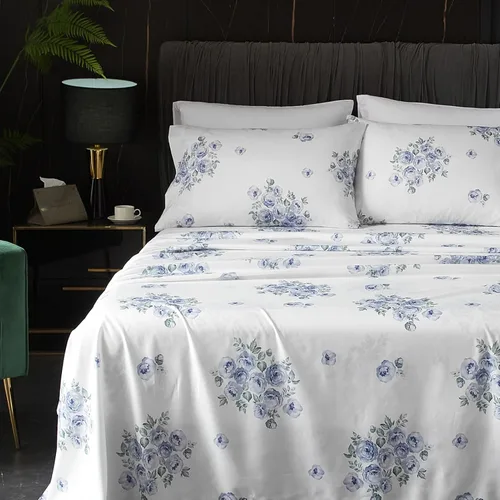Miniatura 6 de HYPREST Sábanas azules florales tamaño queen, sábanas de bolsillo profundo de 18 pulgadas 1800 hilos, 4 piezas de sábanas florales suaves