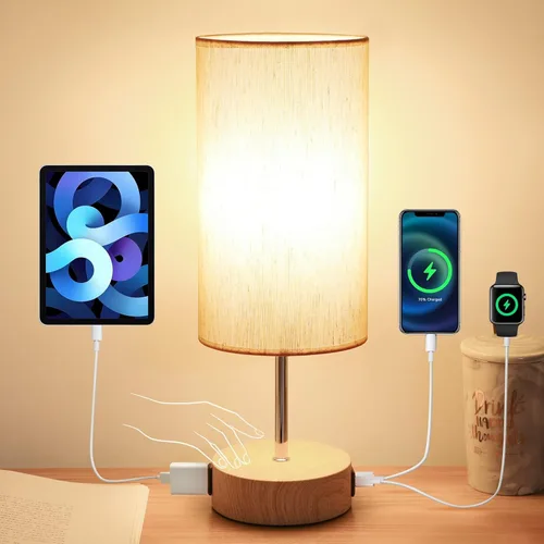 Miniatura 8 de Yarra-Decor Lámpara de noche mejorada con puertos de carga USB A+C y salida de CA, lámpara de mesa de control táctil para dormitorio, lámpara de Gris