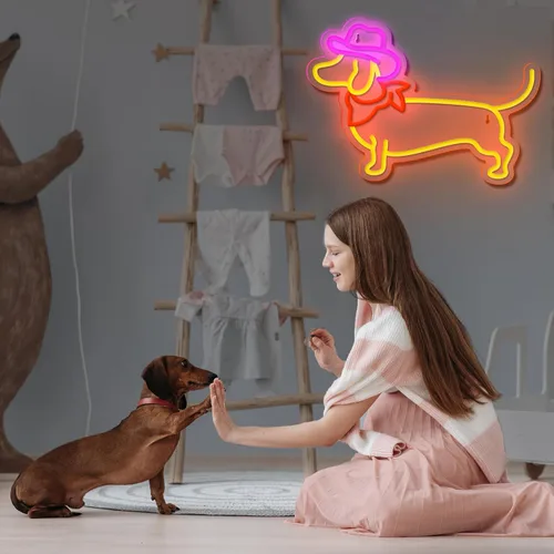 Miniatura 7 de Letrero de Neón de Dachshund para Decoración de Pared, Letrero de Perro de Neón, Lindo Cachorro con Sombrero de Vaquero, Letrero de Luz LED