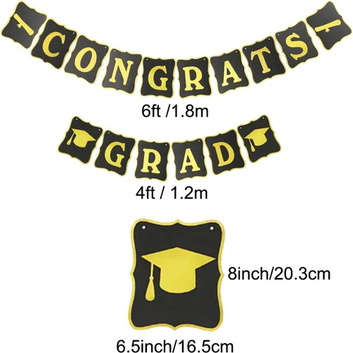 Miniatura 6 de ZERODECO Decoraciones para graduación, cartel en negro y dorado, pompones de papel espirales colgantes, confeti de papel, guirnaldas y globos