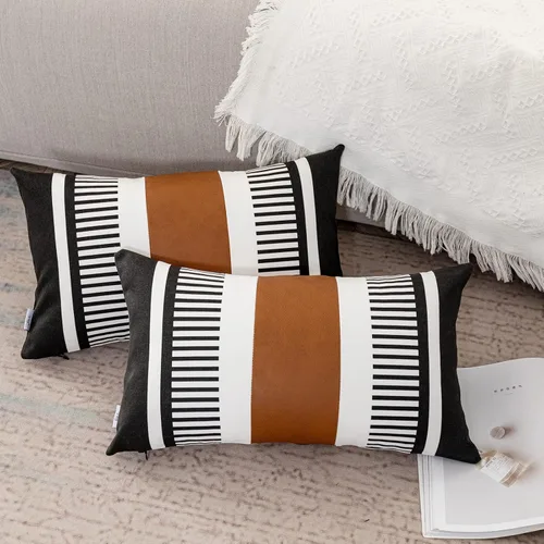 Miniatura 4 de Fundas de almohada lumbar a rayas bohemias de 12 x 20 pulgadas, funda de almohada de cuero moderna para sofá, decoración del hogar rural, color Negro