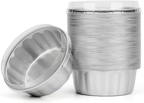 Miniatura 7 de Beasea Ramequines con tapas, 8oz 50 unidades de tazas de aluminio desechables para hornear, tazas de papel de aluminio plateado para creme brulee