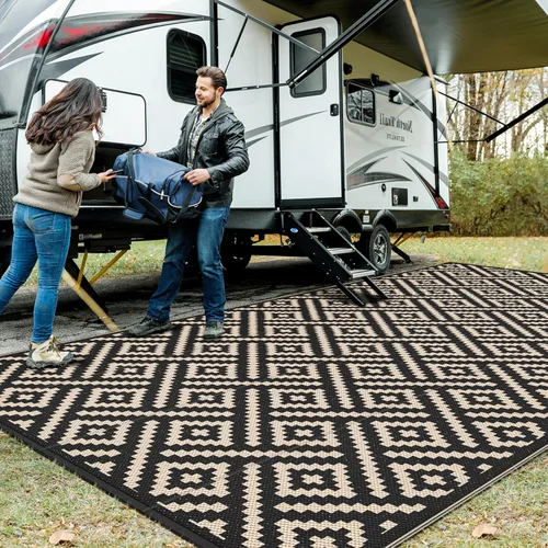 Miniatura 29 de GENIMO Alfombra de exterior impermeable de 5 x 8 pies, alfombras reversibles, alfombra de área, alfombra de plástico para exteriores, alfombra Negro