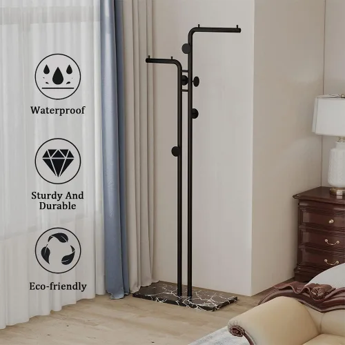 Miniatura 4 de HKaikzo Perchero de doble polo independiente, moderno perchero de metal con 5 ganchos y base de mármol natural, para dormitorio, oficina, pasillo