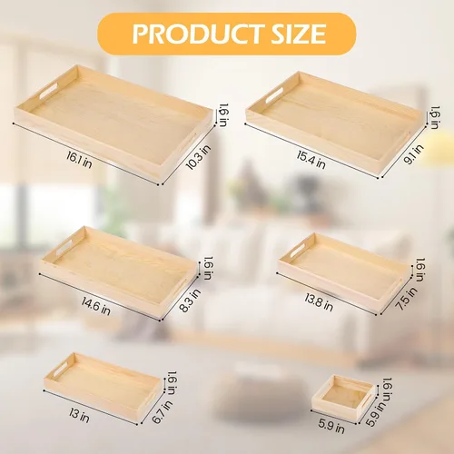 Miniatura 2 de Aodaer 7 bandejas de madera, bandejas de madera anidadas para servir, bandeja rectangular de madera con asas para cocina, fiesta, cena, aperitivos