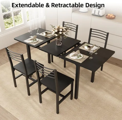 Miniatura 3 de VOWNER Juego de mesa de comedor extensible de 63 pulgadas para 4-6 personas, juego de mesa de comedor de 5 piezas para 4 personas con 4 sillas