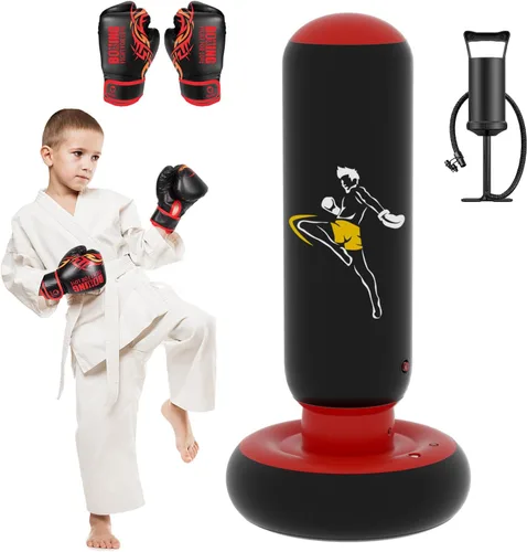 QPAU Saco de boxeo más grande y estable para niños con guantes de boxeo, bolsa de boxeo inflable alta de 66 pulgadas, regalos para niños y niñas de
