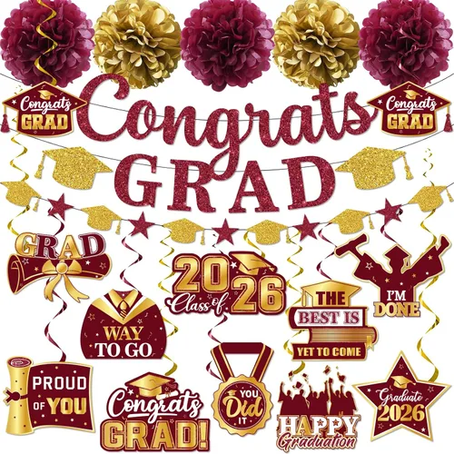 Miniatura 4 de Decoraciones de graduación 2026, pancarta de felicitaciones con purpurina, espirales colgantes y pompones de tela, decoraciones de graduación negras