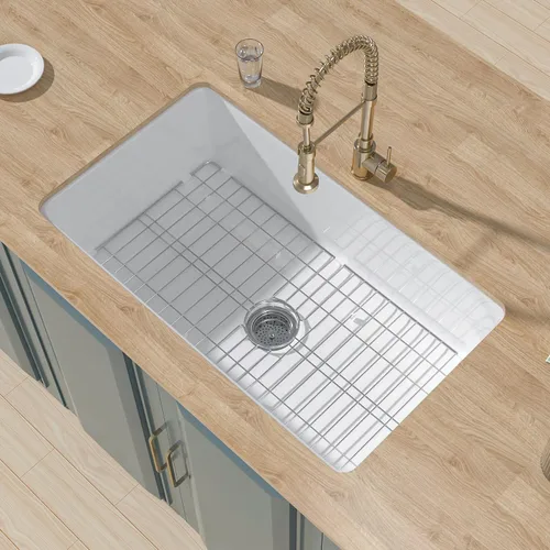 Miniatura 12 de Fregadero de cocina de montaje inferior blanco de 24 x 19 pulgadas, fregadero de barra de arcilla refractaria pequeña de montaje superior de 11