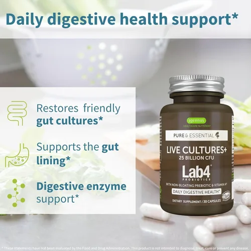 Miniatura 2 de Probióticos y prebióticos Igennus, Lactobacillus acidophilus y bifidobacterias, Live Cultures+ Lab4, garantizado 25 mil millones de UFC