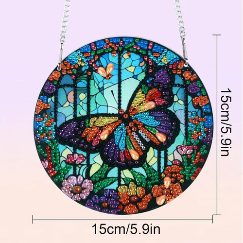 Miniatura 2 de Tontut Decoraciones colgantes Kits de pintura de diamantes, colgante de ventana DIY mariposa flor pintura de diamante, forma especial diamantes arte