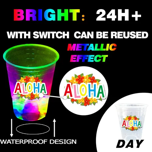 Miniatura 4 de mishunyus 24 tazas de fiesta hawaianas Luau brillantes, tazas de fiesta Tiki intermitentes, decoraciones tropicales para fiestas hawaianas (16 onzas)