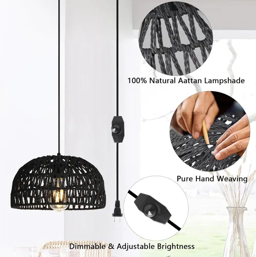 Miniatura 5 de HuisMier Lámpara Colgante de Ratán con Enchufe, Luz Colgante de 15 Pies con Pantalla de Cesta Tejida de Mimbre, Lámpara Colgante Bohemia Regulable