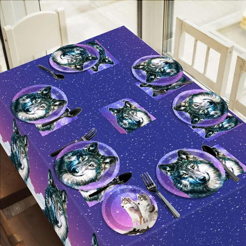 Miniatura 7 de gisgfim Suministros de decoración de fiesta de cumpleaños de lobo para 24 invitados, platos, servilletas, manteles, juego de vajilla desechable