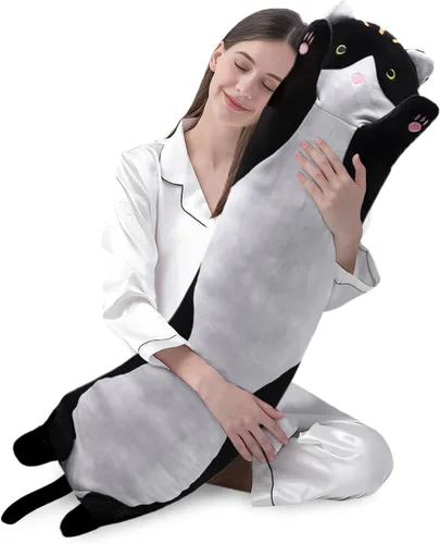 Miniatura 21 de shangman Bonita muñeca de gato de peluche, bonita almohada de peluche suave de caricaturas, almohada larga para dormir, regalo del día de San Negro