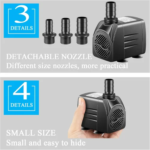Miniatura 5 de Bomba sumergible, bomba de fuente pequeña con tubo, bomba de agua sumergible para acuario, pecera, interior o exterior, fuente de estanque 25W 400gph