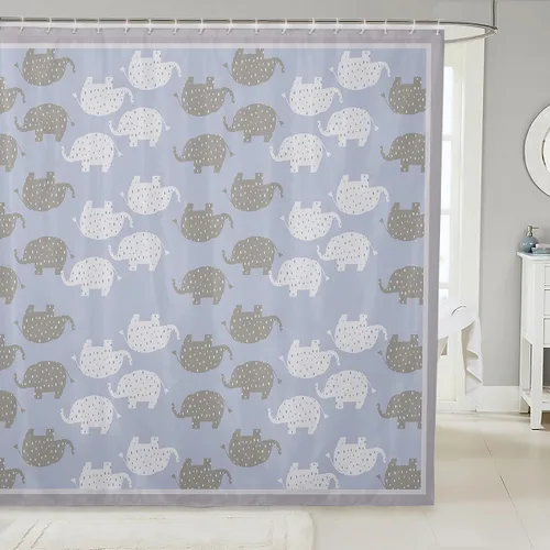 Castle Fairy Cortinas de ducha Kawaii de elefante para decoración del hogar, bonita cortina de baño con silueta de elefante blanco y gris, tela de