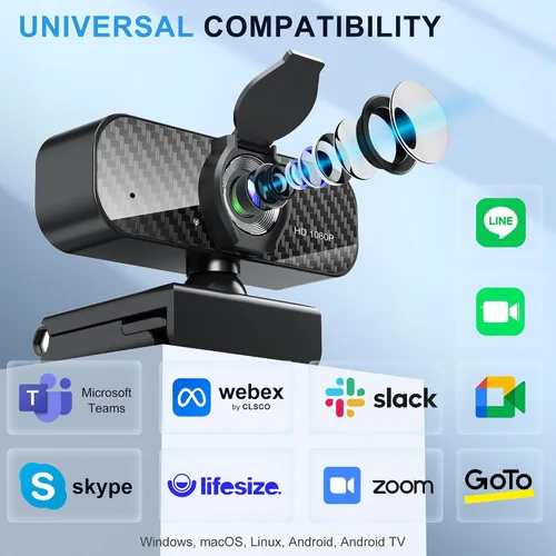 Miniatura 7 de Webcam Full HD 1080P con micrófono incorporado y trípode giratorio, placa de fibra de carbono y cubierta de privacidad, corrección de luz