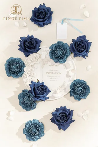 Miniatura 2 de TINGE TIME 16 rosas artificiales de seda de aspecto real, mezcla de color azul, rosa falsa con tallo para ramos de boda, centros de mesa