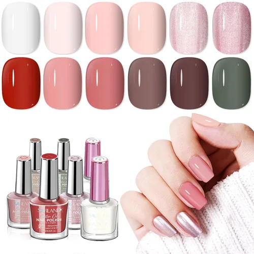 SAVILAND Juego de esmaltes de uñas: kit regular de esmalte de uñas de secado rápido, color burdeos, rojo oscuro, morado, verde, con base de aceite