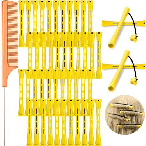 48 rizadores de plástico con cola de acero y peines de cola de rata para ondas frías y peinado de peluquería (amarillo y naranja, 0.28 pulgadas/0.3
