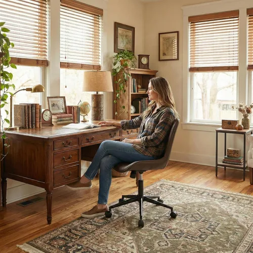 Miniatura 5 de YOUNIKE Silla de oficina marrón, silla de escritorio sin brazos con ruedas, sillas de tareas de oficina en casa, moderna silla mecedora giratoria