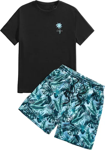 Miniatura 6 de GORGLITTER Conjunto de 2 piezas de camiseta gráfica de manga corta para hombre, estampado hawaiano con cordón y pantalones cortos