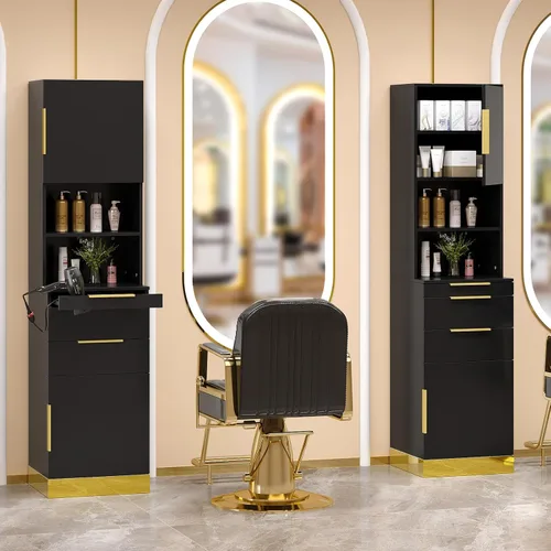 Miniatura 2 de OmySalon Estación de peluquería, estación de peluquería para estilista, gabinete de almacenamiento de belleza con acabado de acero inoxidable, Negro