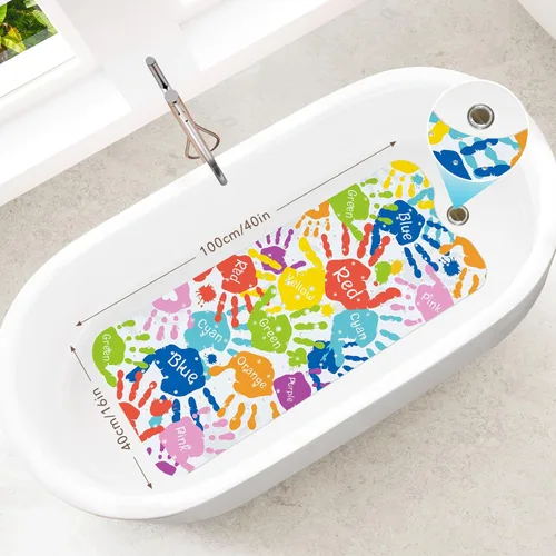 Miniatura 2 de SHUCHING Alfombra de baño para bebé con huellas de manos para bañera antideslizante de 40 x 16 pulgadas, tapete de baño para niños pequeños, tapete