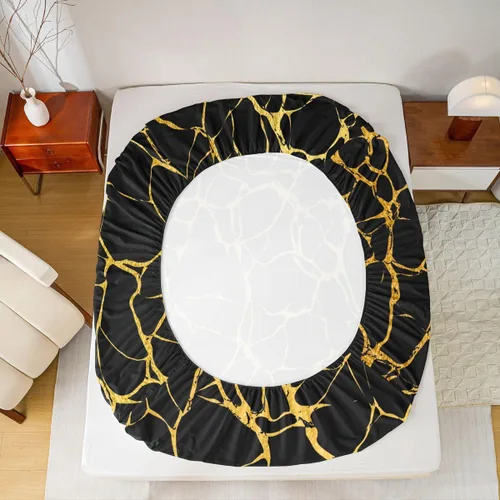 Miniatura 5 de Erosebridal Sábana bajera ajustable de mármol metálico dorado, tamaño individual, sábanas de cama con purpurina dorada negra, diseño de textura