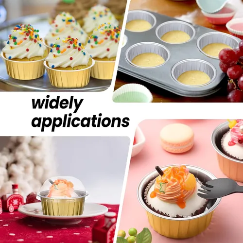 Miniatura 7 de 200 juegos de forros para cupcakes de 5 onzas con tapas de cúpula y cucharas, mini moldes de aluminio para tartas, moldes para hornear, moldes Dorado