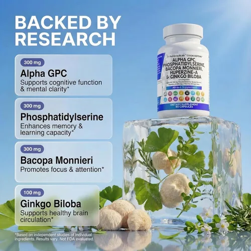 Miniatura 3 de Clean Nutraceuticals Alpha GPC Colina Fosfatidilserina Bacopa Monnieri Ginkgo Biloba Huperzina A Suplemento con Urdina, Mane de León, Garra de Gato
