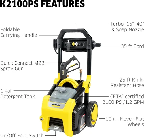 Miniatura 2 de Kärcher Lavadora a presión K2100PS, certificado CETA, 3 boquillas de pulverización, tanque de detergente, para automóviles, calzadas, Amarillo
