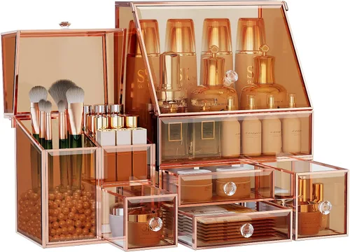 Youdepot Caja de exhibición de maquillaje de vidrio para tocador y encimera de baño – Gran estuche de exhibición de cosméticos y solución de
