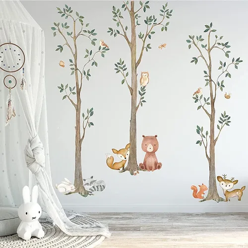 InnovativeStencils Woodland - Calcomanías de acuarela para árbol de pared, diseño de animales, criaturas de abedul, oso, zorro, mapache, conejo,