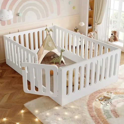 Miniatura 17 de Base de cama individual para niños, cama Montessori de metal con rieles y puerta, marco de cama de tamaño individual con barandillas