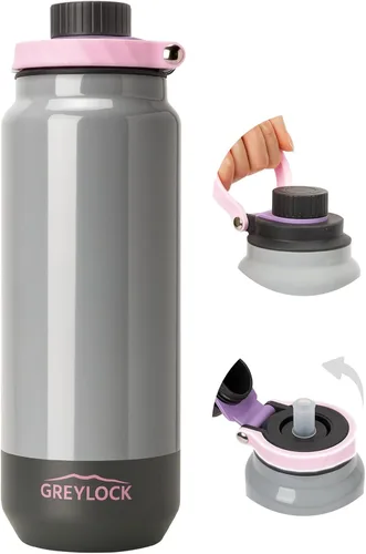 Miniatura 10 de GREYLOCK Botella de agua aislada de 24 onzas con tapa con popote, botella de acero inoxidable reutilizable a prueba de fugas, fría y caliente las 24