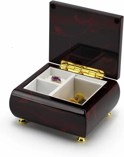 Miniatura 3 de Impresionante joyero musical biselado color burdeos con motivo floral artístico, muchas canciones para elegir, Madera
