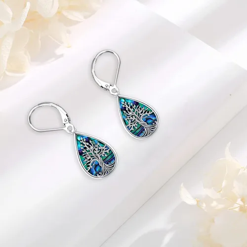 Miniatura 206 de Aretes colgantes de plata de ley con diseño de árbol de la vida, flor, abeja, animales, gato, colibrí, piedra lunar, turquesa, aretes con cierre