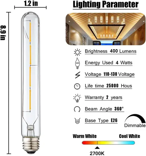 Miniatura 3 de Leools Bombillas LED largas T10, bombilla tubular regulable de 4 W, equivalente a 40 vatios, bombilla de filamento LED vintage estilo Edison E26