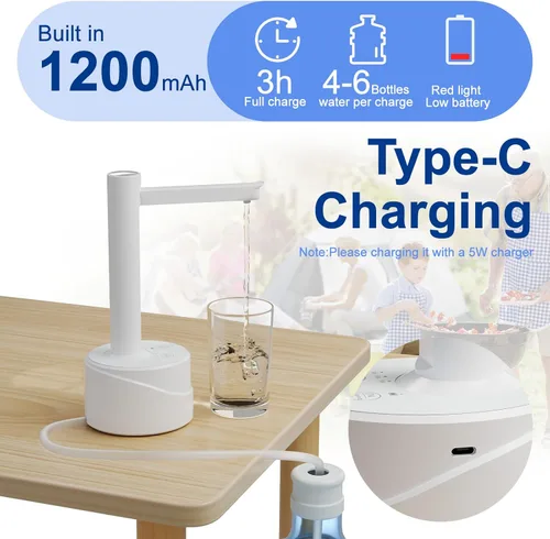 Miniatura 4 de Dispensador de botellas de agua eléctrica de escritorio de doble uso, de 5 galones, carga USB tipo C, bomba automática de botella de agua potable