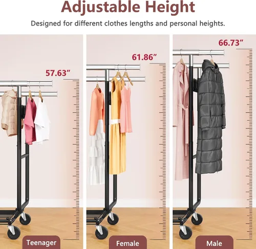 Miniatura 7 de Hoctieon Perchero de doble varilla de montaje en 2 minutos, estante resistente para ropa con ruedas, plegable para uso comercial, barra extensible