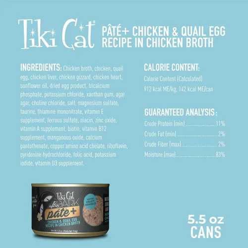 Miniatura 5 de Tiki Cat After Dark Pate+ huevo de pollo y codorniz, latas de 5.5 onzas (paquete de 8)