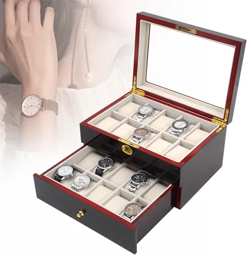 Miniatura 4 de LOYALHEARTDY Caja de reloj de madera de 20 ranuras, joyería y reloj de exhibición Oraorganization de 2 capas soporte de reloj de madera