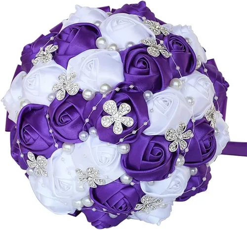 Miniatura 12 de Sharebeauty Ramo de novia de satén hecho a mano de 5.9 pulgadas, ramo de boda, ramo de flores artificiales, color azul claro + blanco W224