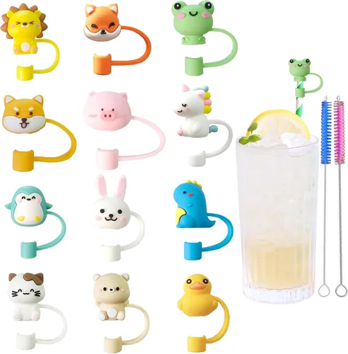 12 piezas de lindas cubiertas de pajita de silicona, tapas de pajita RENUIS para vasos, puntas de pajitas de beber portátiles reutilizables, tapones