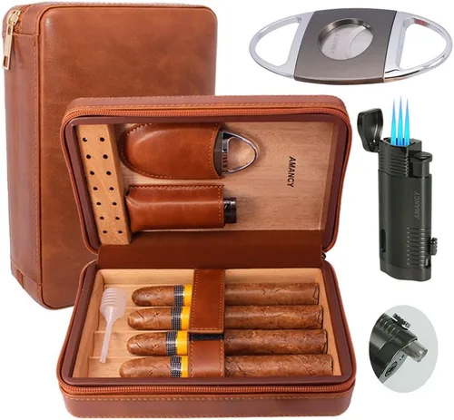 AMANCY Elegante funda de humidor de 4 puros con forro de madera de cedro marrón marrón hecha a mano con 3 encendedores y cortador de cigarrillos de