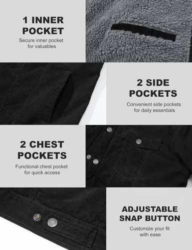 Miniatura 6 de MAGCOMSEN Chaqueta de pana para hombre, forrada con sherpa, cálida, gruesa, de camionero, con 5 bolsillos, para invierno